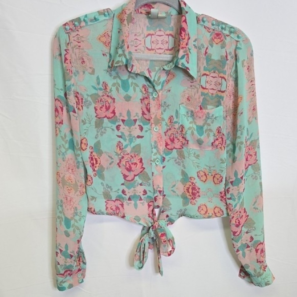 Forever 21 Floral Tie Front Crop Top With Studs Spikes, Blue and Pink, Medium